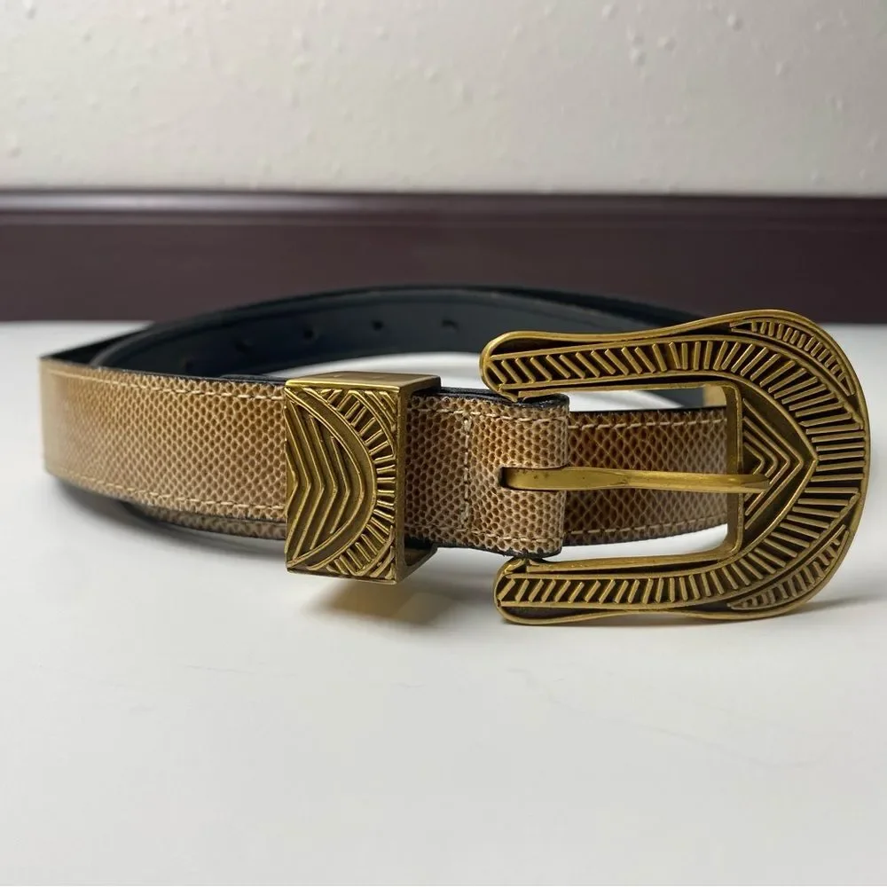 Riki Designs Genuine Leather Snakeskin Belt Gold Aztec Buckle Women's Size XL